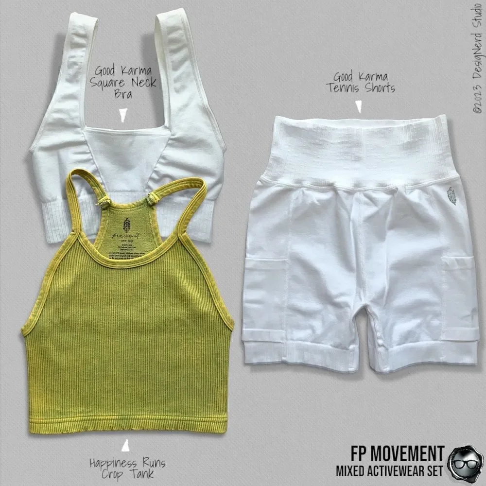 FP MOVEMENT SET GOOD KARMA SQUARE NECK BRA + TENNIS SHORTS + HAPPINESS RUNS CROP